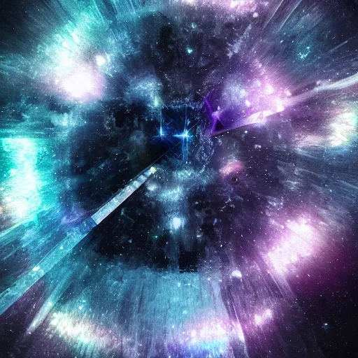 Image similar to crystal quartz fragments and diamond shards, dark side of the moon cover, centered in the middle of galactic space, radiating around prismatic colours of black hole singularity, hyper realistic focus, sharp details, cinema 4d octane, nasa images, volumetric lighting, cinematic lighting, houdini simulation, space nebula, 8k