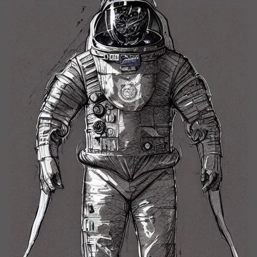 Image similar to A knights templar wearing a space suit. concept art, pen and ink, intricate line drawings, by John Harris, Emil Melmoth, Craig Mullins, yoji shinkawa, artstation, moebius comic, Marc Simonetti, lan McQue, Kentaro, Miura, hyper detailed, cinematic