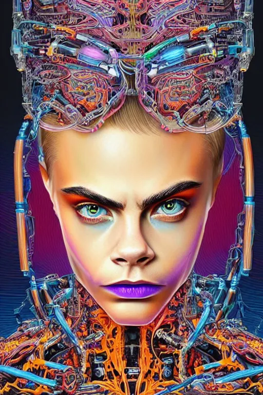 Prompt: Portrait of Cara Delevingne wearing epic bionic cyborg implants of different vibrant colors, detailed intricate ornate cables connected to head, portrait front face reference, by Dan Mumford and Naoto Hattori, extremely beautiful and proportionate, masterpiece, intricate, highly detailed, digital painting, Matrix Theme, artstation, concept art, crepuscular rays, smooth, sharp focus, illustration, background made from fractals of vibrant universe stars, cyberpunk colors, volumetric lighting, art by artgerm and james jean and Nick Sullo