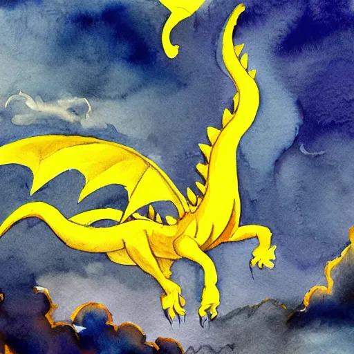 Prompt: A watercolor painting of a huge, ancient yellow dragon with lots of very vibrant, bright yellow scales flying through the clouds during a thunderstorm, lots of lightning, bright yellow, blue, and grey color scheme.