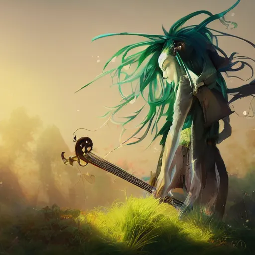 Image similar to a beautiful fullbody portrait of an anime boy with long straight green hair in a western fantasy bard style. character design by cory loftis, fenghua zhong, ryohei hase, ismail inceoglu and ruan jia. artstation, volumetric light, detailed, photorealistic, fantasy, rendered in octane