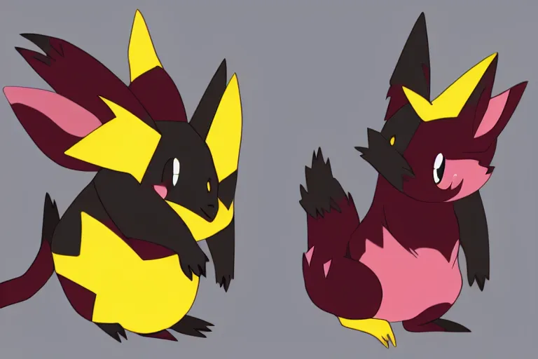 Image similar to zorua the black and maroon colored fox - like pokemon, pikachu the black and yellow electric mouse pokemon, two pokemon playing together, super detailed, clean lines, digital art