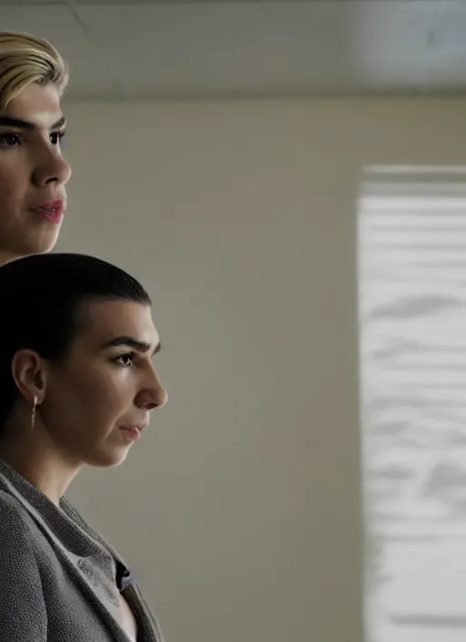 Image similar to a pov, film still of dua lipa as kim wexler speaking to saul goodman, cinematic lighting, from better call saul.