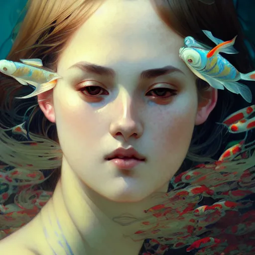 Image similar to Portrait of a girl surrounded by Koi fish, face, fantasy, intricate, elegant, highly detailed, digital painting, artstation, concept art, smooth, sharp focus, illustration, art by Krenz Cushart and Artem Demura and alphonse mucha