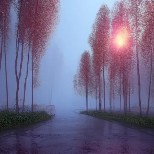 Prompt: Glowing will-o-wisps on a rainy street, Soviet town, mass housing, Soviet five-story panel buildings, lush vegetation, Russian birches, foggy, post-processing. High detail, ultra realistic render, octane, 3D, photorealism, symmetric, cinematic