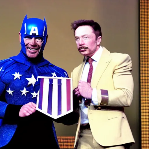 Prompt: uhd hyperdetailed candid photo of cosmic chuck norris dressed as captain america, wearing extremely intricate costume, receiving an award from elon musk. photo by annie leibovitz