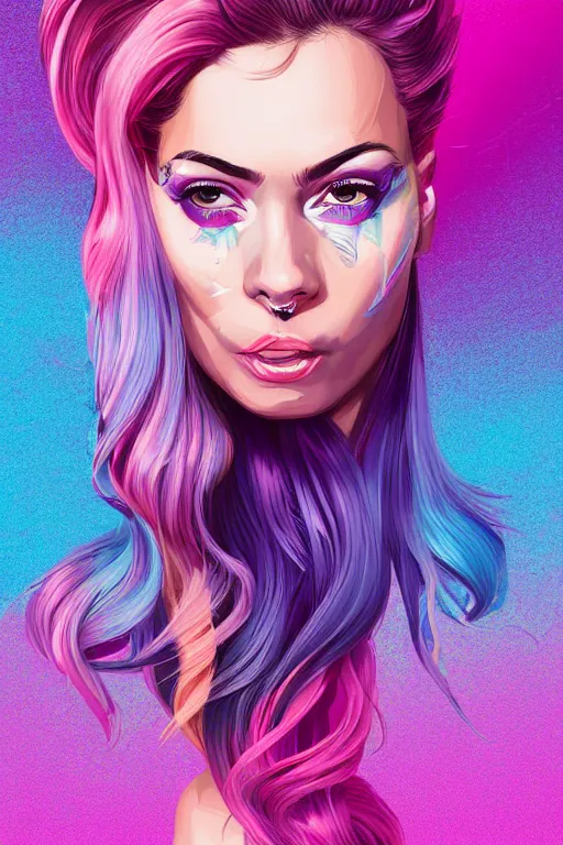 Image similar to a award winning half body porttrait of a beautiful woman in a croptop with ombre purple pink teal hairstyle with head in motion and hair flying by sandra chevrier, outrun, vaporware, illustration, digital art, trending on artstation, highly detailed, fine detail, intricate