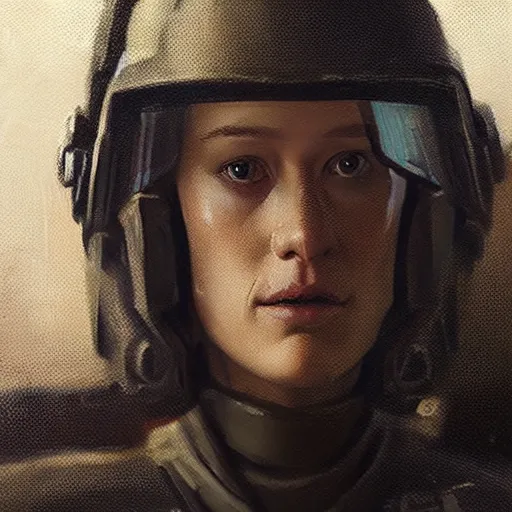 Prompt: portrait of a woman by greg rutkowski, she looks like mackenzie davis, impeccable military composure, wearing tactical gear of the galactic alliance, star wars expanded universe, she is about 6 0 years old, highly detailed portrait, digital painting, artstation, concept art, smooth, sharp foccus ilustration, artstation hq