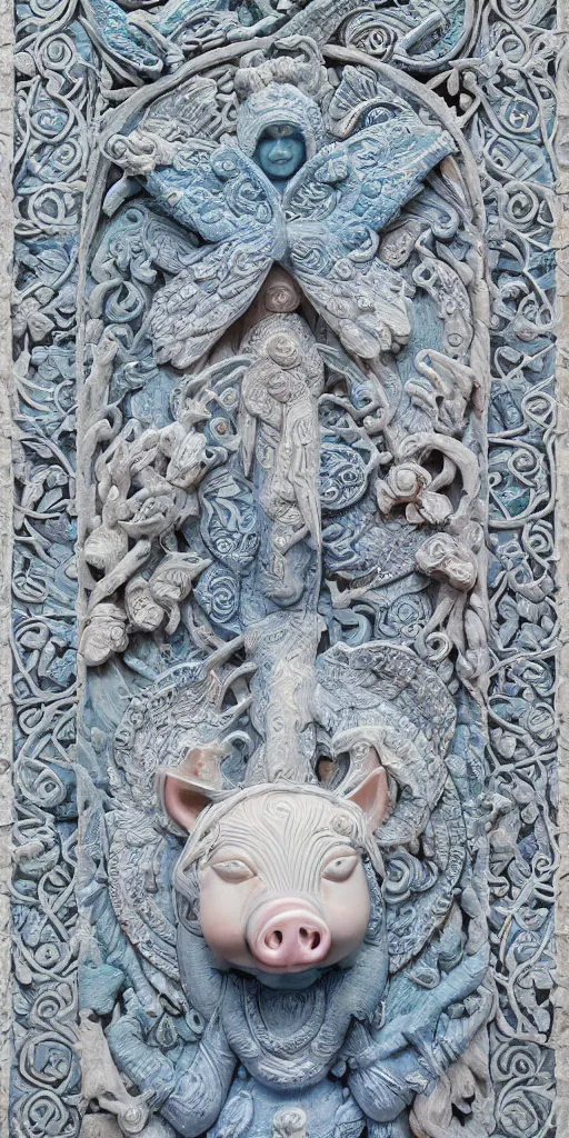 Image similar to intricate colourfully painted carved Soapstone relief paneling, white and pale blue , celestial, piggy, pig goddess, mother earth, Earth Goddess mythology, Gaia, angels, divinity, Ghostly, crystaline celtic, insanly detailed , artstation, wallpaper, hyper realistic, realistic lighting