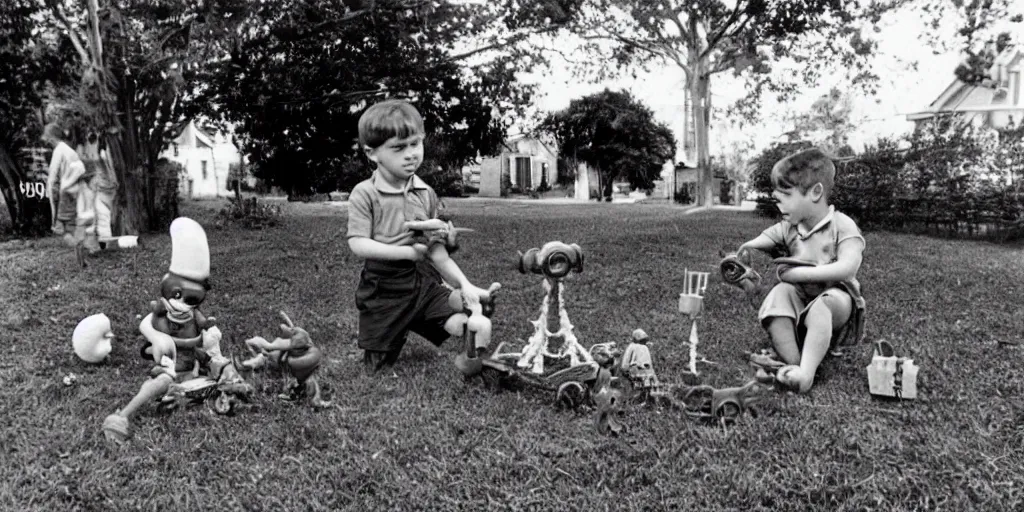 Image similar to two kids playing with lovecraftian toy in their front yard, 1 9 5 0 s picture