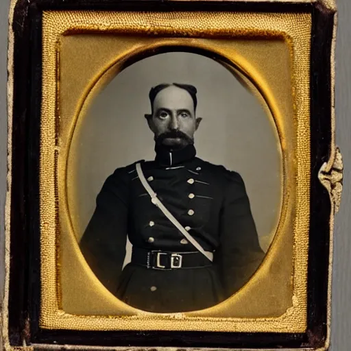 Image similar to daguerrotype portrait of a 19th-century Belgian army general, with a spectre of death looming silently behind him.