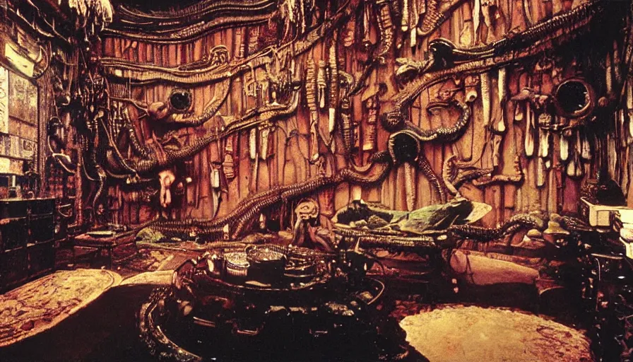 Image similar to an autochrome of a sci - fi 1 9 0 0's opium den with living, fleshy cronenberg walls, filmset interior of alien, designed by gustav klimt, octane renderer