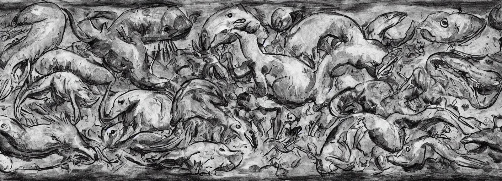 Prompt: prehistoric sea floor animals in the style of theodore gericault