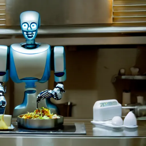 Image similar to Movie still of 'Future Science Apocalypse' (1990). Robot chef preparing food. Sigma 85mm f/1.4