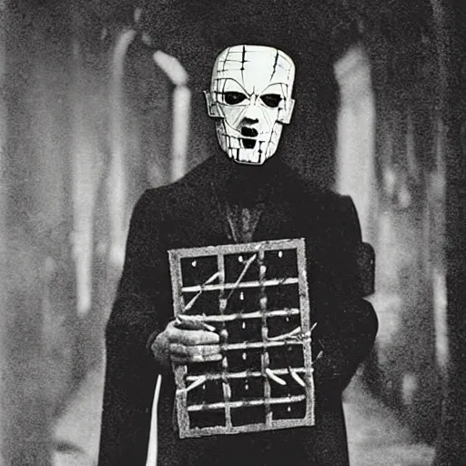 Image similar to a 1920 photography of a man with a hellraiser mask in silent hill town