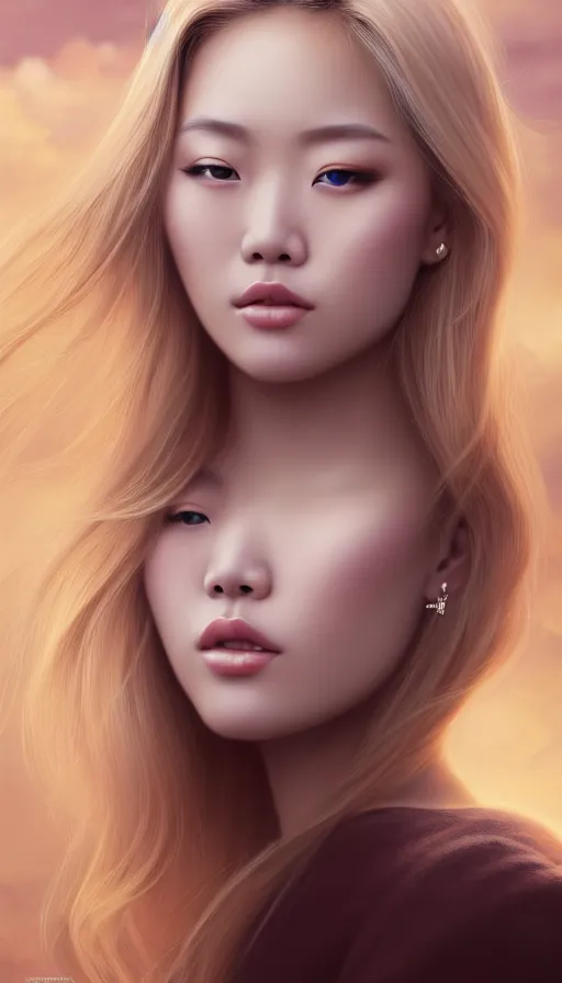 Image similar to photo of a gorgeous blonde young asian girl , searching for eternity, head in the clouds in the style of stefan kostic, realistic, sharp focus, 8k high definition, high fashion, vogue, insanely detailed, intricate, elegant, art by stanley lau and artgerm, sigma 85mm art