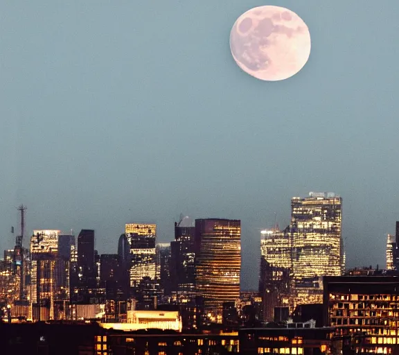 Prompt: a silhouette of a city skyline, giant moon behind city, centered, bleak, long shot, moon is centered