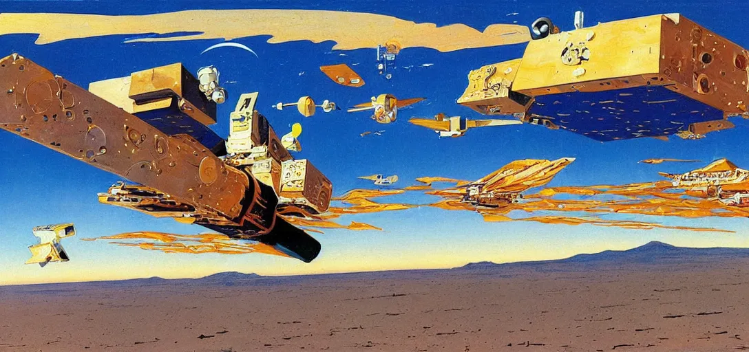 Prompt: a boxy! spacecraft!! flying over a desert landscape! on another planet!!!, by robert mccall