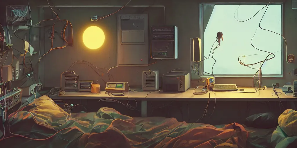 Image similar to cozy 9 0 s bedroom retrofuturism, cluttered, wires everywhere, computer, window, at night, lit only by the luminescent computer screen, dramatic lighting, alien technology, detailed by simon stalenhag