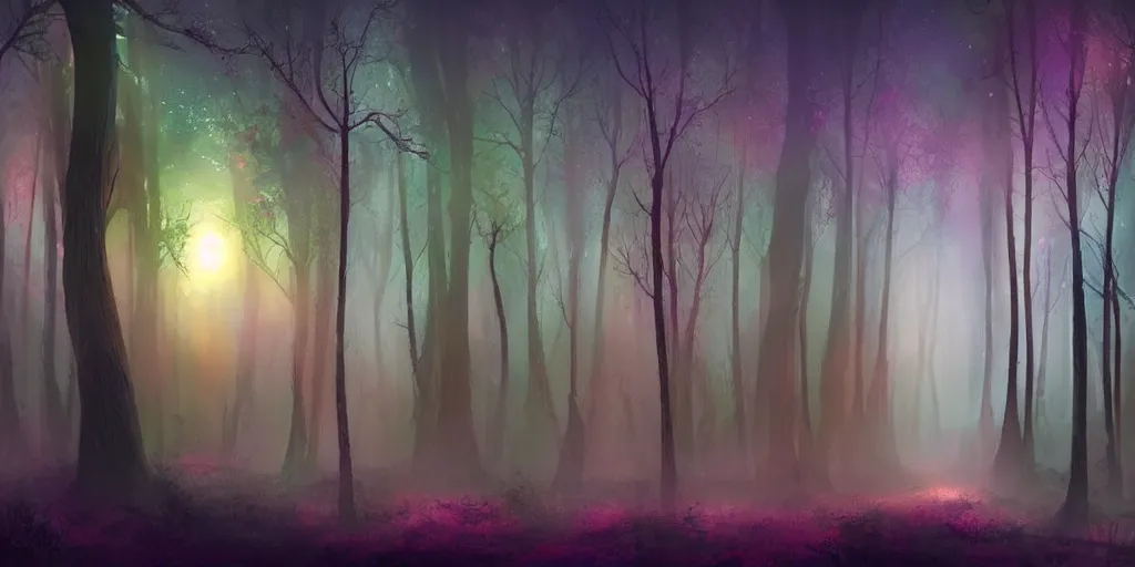 Image similar to beautiful matte painting of a colorful fantasy dark forest at night