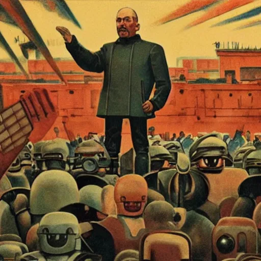 Prompt: !!!!dream robot revolutionary!!!! speaking to a crowd of robots amid the backdrop of a cyberpunk city in the socialist realist style of lenin speaking to the red army by isaac brodsky