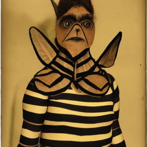 Image similar to an anthromorphic bee woman wearing striped couture made out of wax and paper