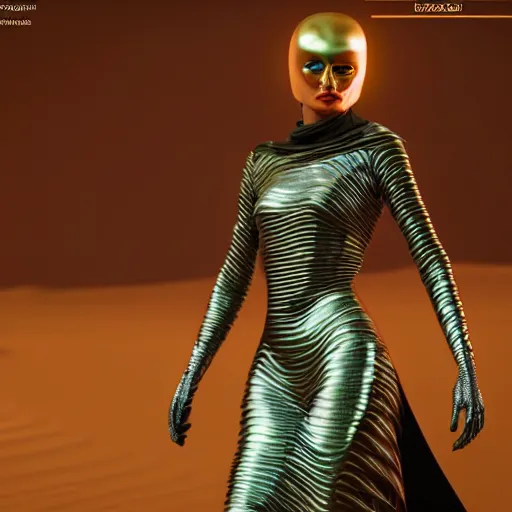 Image similar to dune movie inspired avant-garde art, deco fashion, highly detailed, photorealistic portrait, bright studio setting, studio lighting, crisp quality and light reflections, unreal engine 5 quality render