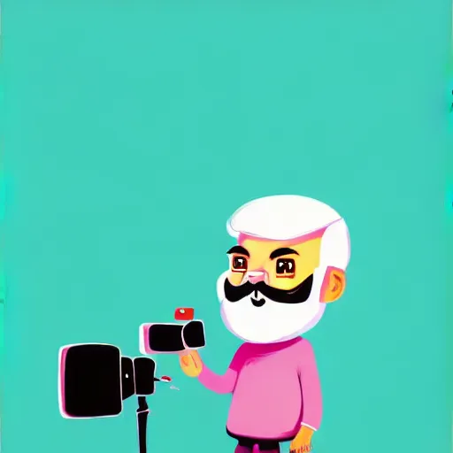 Image similar to curled perspective digital art of a cute smiling beard grandpa cartoon character taking a photo to a baby girl by anton fadeev