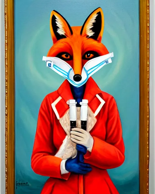Image similar to oil painting portrait of anthropomorphic female fox animal dressed in doctor's coat, surgical mask covering mouth, red eyes, holding syringe, fox animal, hospital in background, oil painting,
