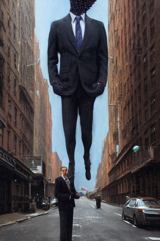 Prompt: man wearing a suit in new york streets, a comet in the sky by gustave courbet and beeple, oil painting, surrealism, 8 k,