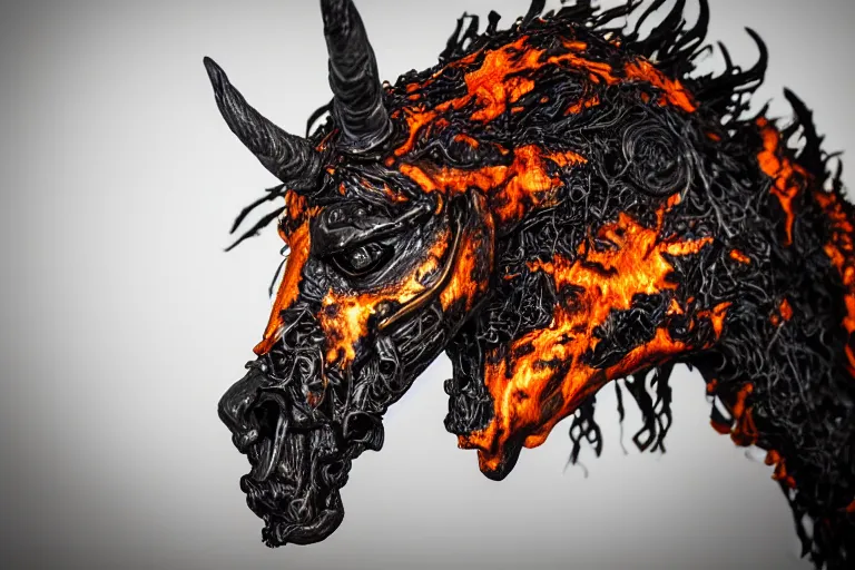 Image similar to photo taken of an epic intricate, ultra detailed, super realistic sculpture of a fiery nightmarish hellish demonic hooded grim reaper's death horse animatronic on display in a workshop, created by weta workshop, zoomed in shots, photorealistic, sharp focus, f 0. 4, face centred, macro photography, golden ratio, golden hour