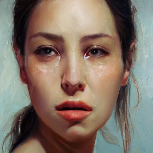 Prompt: perfect, realistic oil painting of close-up Spanish woman face, tears, sadness , by Sakimichan, by an American professional senior artist, Hollywood concept, dynamic composition and motion, postproduction.