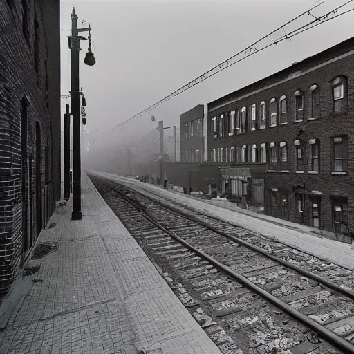 Prompt: elevated subway trains in front of brooklyn tenement buildings, at sunset by gregory crewdson, edward hopper and rene magritte,