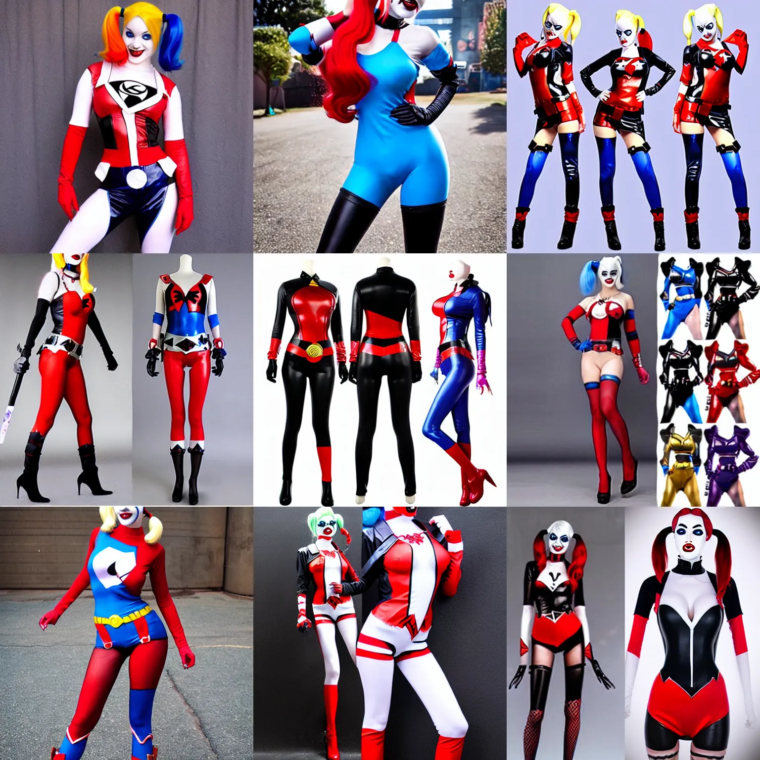 Prompt: classic Harley Quinn DC Comics cosplay, hyperealistic, tight full body suit