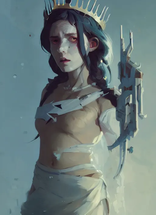 Image similar to portrait of cute gith maiden girl with crown of thorns and white hairs, warhammer, cyberpunk, by atey ghailan, by greg rutkowski, by greg tocchini, by james gilleard, by joe gb fenton, by kaethe butcher, dynamic lighting, gradient light blue, brown, blonde cream and white color in scheme, grunge aesthetic