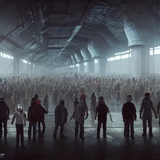 Image similar to a long queue of people standing in a huge underground dystopian factory, low camera angle, hyperdetailed, artstation, cgsociety, 8 k, hyper realistic, super detailed, octane, volumetric lighting, atmosphere, matte painting, extreme long shot, octane render h 7 0 4