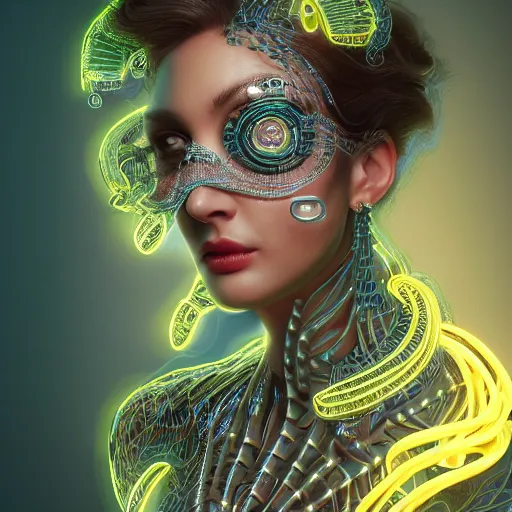 Prompt: woman integrating with technology, full face, detailed intricate ornate cables connected to head, big open electric eyes, luxurious detailed abundent wiring and implants, diamonds, sci-fi, neon, emeralds, detailed technology full background, highly detailed, artstation, Rene Lalique and Eddie Mendoza