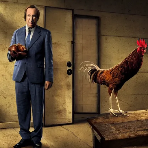 Image similar to saul goodman and a rooster in a saw movie torture chamber, saw movie jigsaw background, saul goodman, rooster, photo