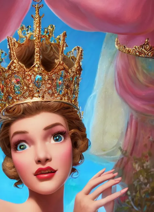 Image similar to closeup face profile portrait of a fairytale princess wearing a crown eating cakes, bikini, depth of field, zeiss lens, fashion photoshoot, by dan decarlo, bob clampett, bill ward, earl norem, max fleischer, breathtaking, 8 k resolution, extremely detailed, beautiful, establishing shot, artistic, hyperrealistic, octane render
