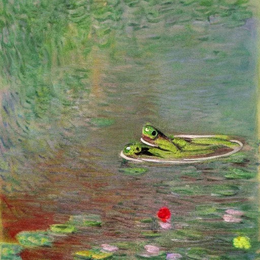 Prompt: a painting by monet of frogger