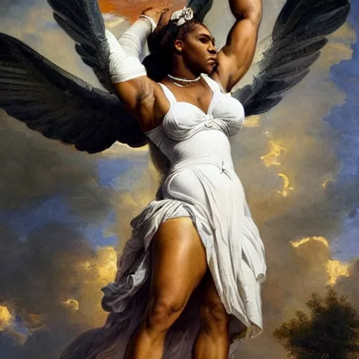 Image similar to Full body Portrait of Serena Williams as Nike Goddess, large wings, luxuriant, dreamy, eternity, romantic, strong pose, highly detailed, in the style of Franz Xaver Winterhalter, highly detailed, in the style of Aetherpunk