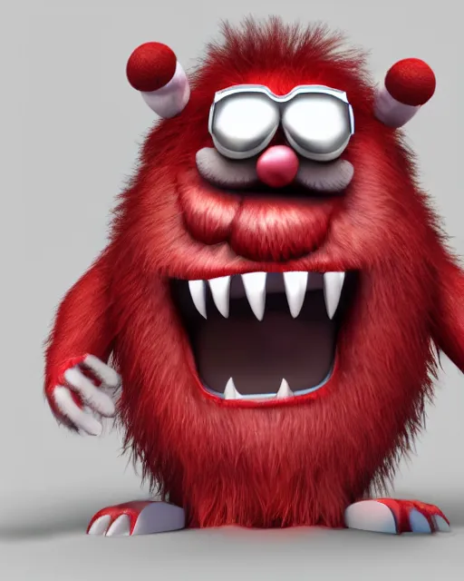 Image similar to 3 d render of red hairy friendly monster smiling wearing chrome shades, cartoony, white background, unreal engine 5