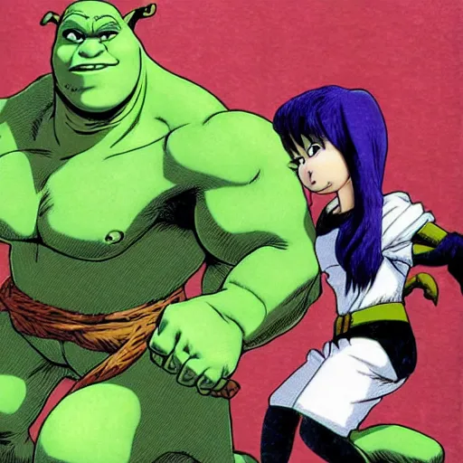 Image similar to shrek fighting the incredible hulk, anime, akira toriyama