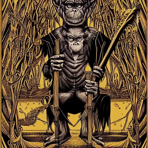 Image similar to gothic, nosferatu somber, hyperdetailed by dan mumford. a computer art that features a chimpanzee surrounded by a castle turret. the chimp is shown wearing a crown & holding a scepter, & the castle is adorned with banners.