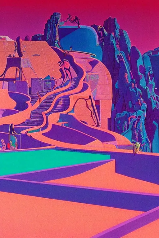 Image similar to 8 0 s art deco desert road swimmingpool, cinematic dramatic cyberpunk textural fluid lines purple, pink, blue, green. otherworldly vaporwave interesting details fantasy lut epic composition by basquiat zdzisław beksinski james jean artgerm rutkowski moebius francis bacon gustav klimt