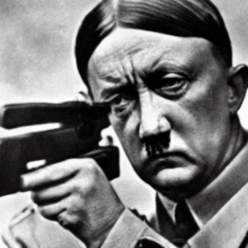 Prompt: hitler pointing a gun to his head while crying, close - up shot, low angle shot