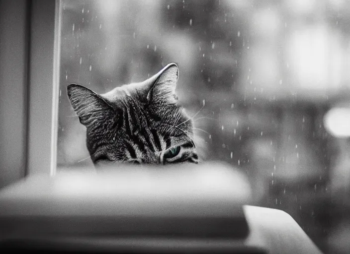 Image similar to photography of a Cat . watching outside the window while it rains. on a bed. in a room full of vinyls and posters, photorealistic, raining award winning photo, 100mm, sharp, high res