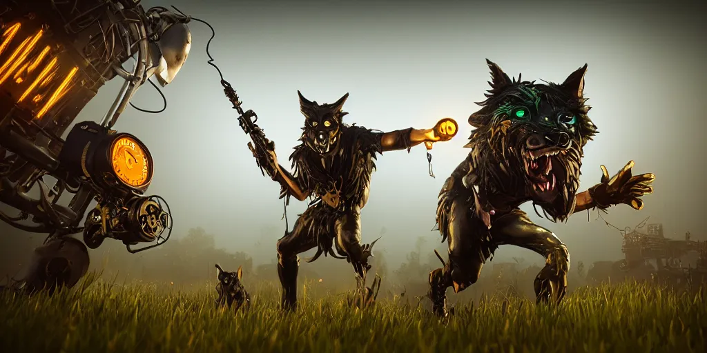 Image similar to gamekeeper wearing a steampunk and neonpunk mechanical fluorescent mystical animal mask in strange misty estuary landscape fight with werewolf, night, realism in style of fornite game, 4 k, octane render, award winning photograph, epic cinematic shot, perfectly defined features, ambient occlusion