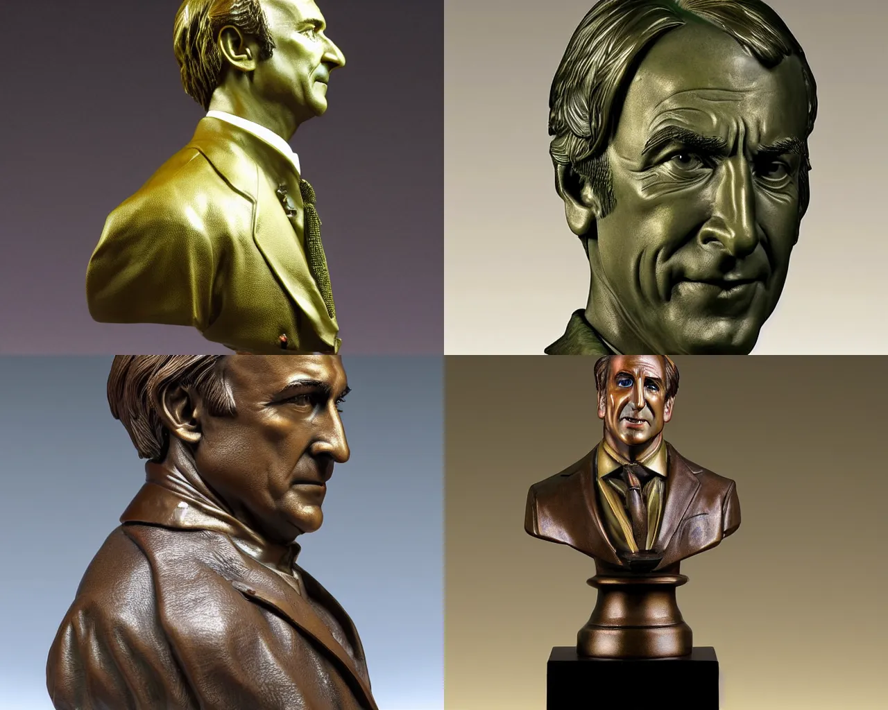 Prompt: A detailed luminous bronze bust of Saul Goodman.