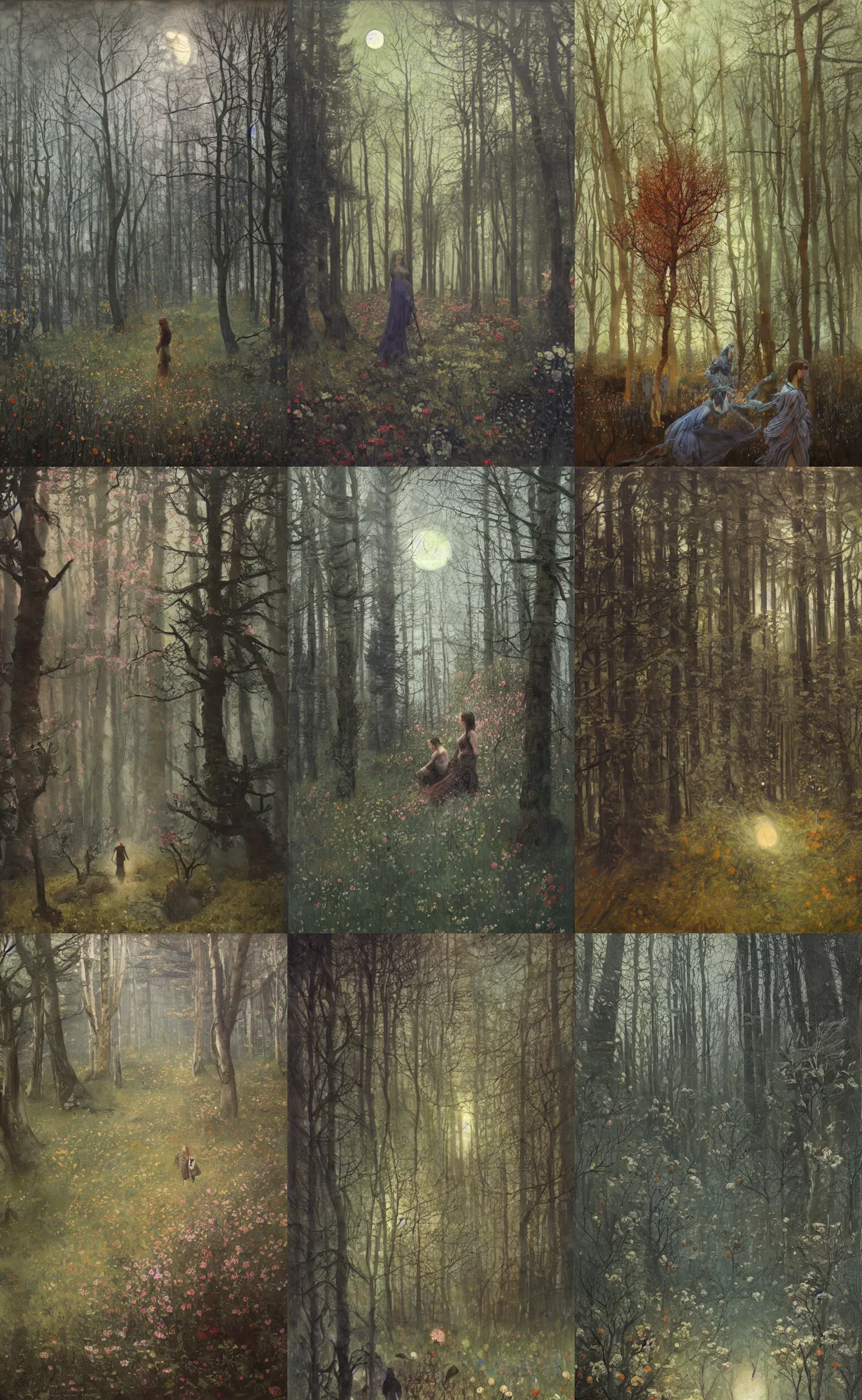 Prompt: painterly dreamy dark forest with trees, flowers, birds, barely seen women, liana, thistle and midnight sky with moon and starts by Mikhail Vrubel, Aron Wiesenfeld dark fantasy, witcher, very detailed oil painting in the alla prima style, masterpiece, 8k